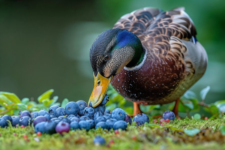 Mallard duck with green head plumage pecking at blueberries on grass by a tranquil pond