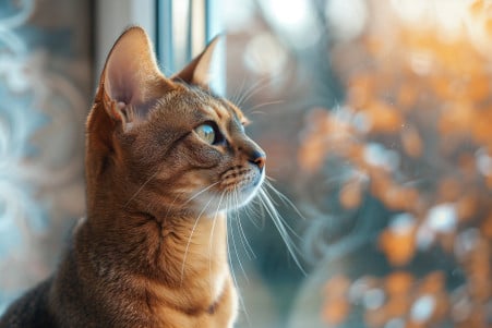 Abyssinian cat sitting near a window, with a seemingly sad and angry expression in a bright room