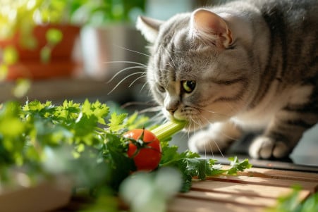 British Shorthair cat biting on a strip of celery on a kitchen counter with soft lighting