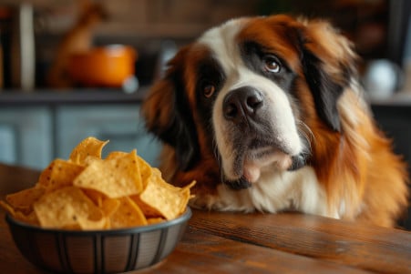 Vigilant Saint Bernard dog eyeing a bowl of tortilla chips placed out of reach on a kitchen counter
