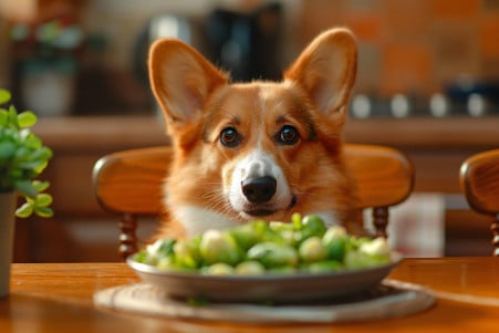 Corgi sitting patiently in front of a bowl of plain cooked Brussels sprouts in a warmly lit kitchen