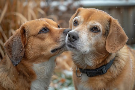 Two brown dogs showing affection, one licking the other's ear in a sunny yard