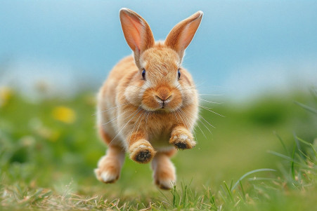 Agile brown rabbit mid-leap over an obstacle in a grassy field with a clear blue sky in the background