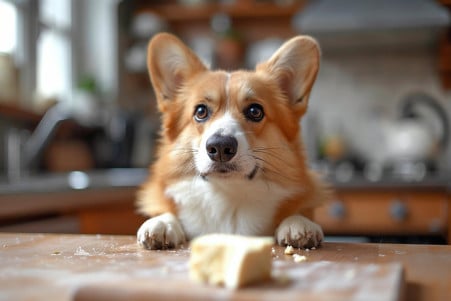 Welsh Corgi looking skeptically at a piece of feta cheese on a kitchen counter