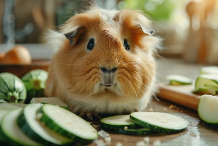 Curious Silkie Guinea Pig sniffing a fresh slice of zucchini on a tidy kitchen counter