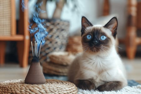 Blue-eyed Siamese cat sitting safely away from a lit incense stick in a serene living room