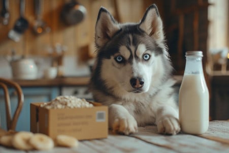 Siberian Husky with blue eyes curiously looking at a bottle of milk and a box of oatmeal on a kitchen table