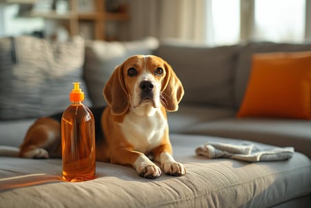 Well-lit living room with a large couch and a beagle sitting beside a bottle of enzymatic cleaner, indicating odor removal