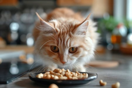 Fluffy orange cat sniffing a pile of cashews on a kitchen countertop with a blurred kitchen background