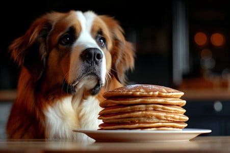 St. Bernard dog sitting at a dining table, eyeing a stack of plain pancakes in a bright kitchen