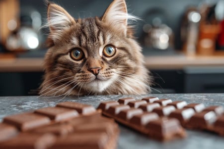 Worried cat sitting away from a bar of dark chocolate on a kitchen counter