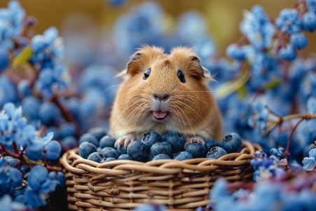 Happy guinea pig surrounded by blueberries with a focus on its delight and a blurred background