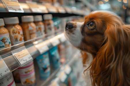 King Charles Spaniel looking at dog treats with sorbitol labels in a pet store