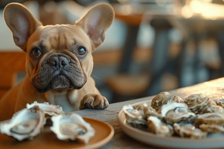 French Bulldog sitting by a plate of cooked oysters on an elegant dining table
