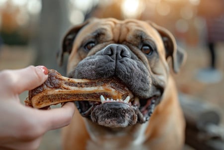 Concerned pet owner taking a steak bone from a salivating Bulldog in a backyard