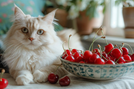 White Turkish Angora cat sitting beside a bowl of cherries, looking away to indicate the dangers of cherry ingestion for cats