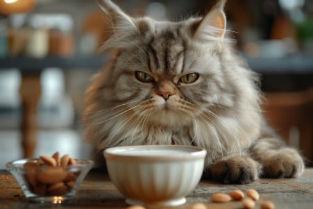 Puzzled Persian cat sitting by a bowl of almond milk with almonds on the table, in a kitchen setting