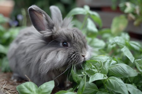 Lionhead rabbit nibbling on a fresh basil leaf on a sweetgrass mat surrounded by herbs