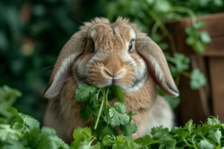 Alert brown lop rabbit nibbling on cilantro leaves in a kitchen with soft natural lighting