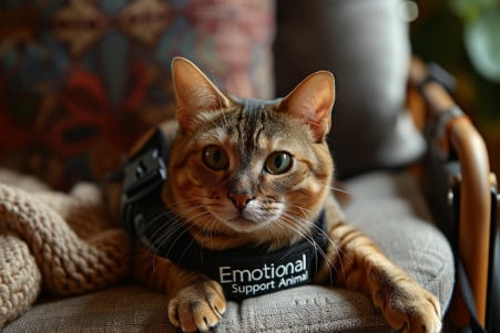 Abyssinian cat wearing an 'Emotional Support Animal' vest sitting next to a person in a wheelchair in a home setting