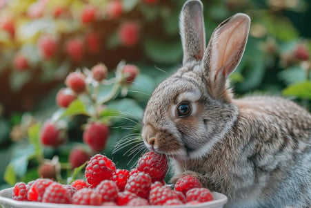 Brown rabbit eating a raspberry from a pile on a white tablecloth in a sunny garden