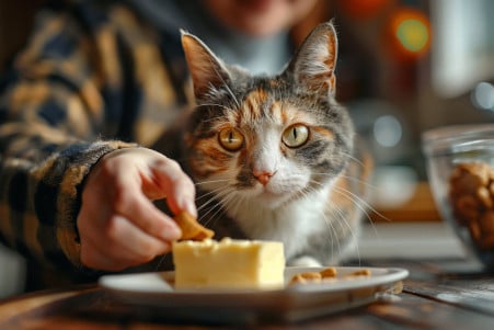 Calico cat sitting on a counter, curiously looking at a dish of butter, with an owner in the background offering cat food