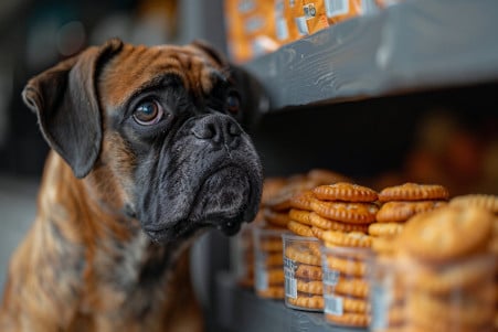 Boxer dog eyeing a pack of Ritz crackers on a high shelf in a kitchen