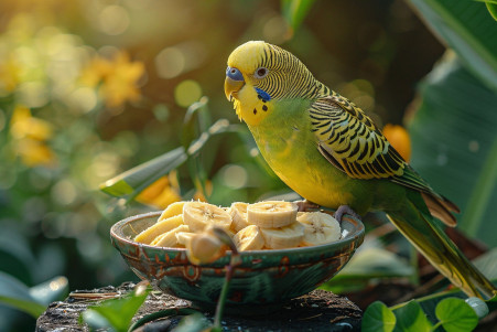 Green and yellow parakeet perched on a bowl of banana slices with a blurred greenery background