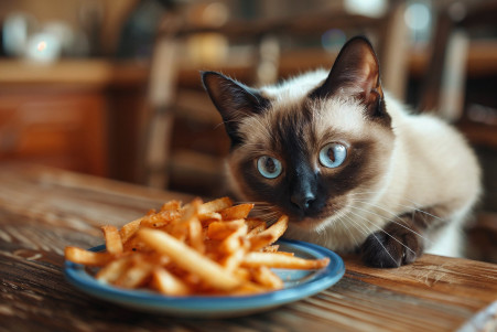 Siamese cat showing disinterest in a small plate of french fries in a home kitchen
