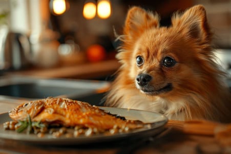 Fluffy Pomeranian sitting on owner's lap, looking at a plate with whole cooked tilapia on a cozy kitchen table
