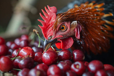 Rhode Island Red chicken pecking at pitted cherries on a farmyard