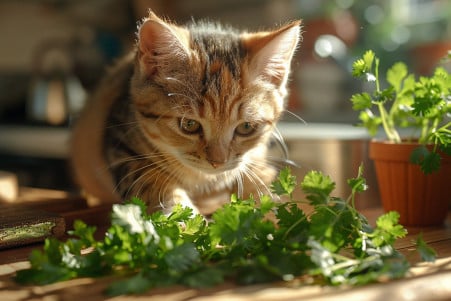 Playful Manx Cat batting at a sprig of cilantro on a sunlit kitchen floor