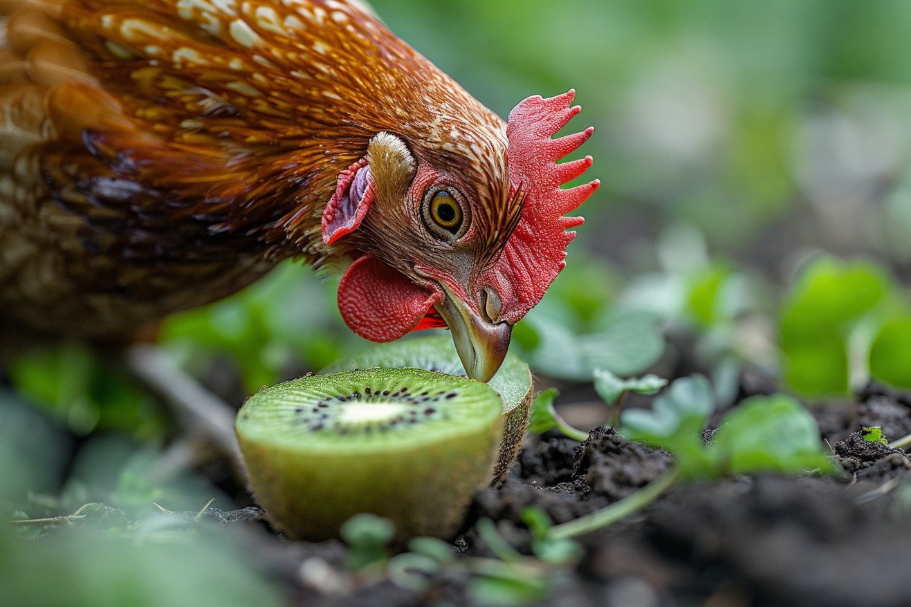 Curious Rhode Island Red chicken pecking at a sliced kiwi on the ground with a farm backdrop