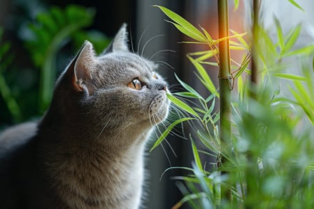 Elegant Exotic Shorthair cat sniffing a safe indoor bamboo plant in a home setting