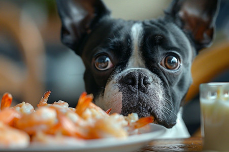 Inquisitive Boston Terrier eyeing a shrimp tail on the edge of a dining table with a blurred background