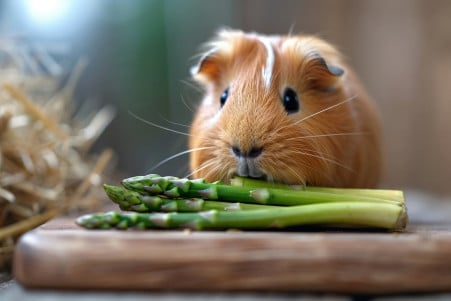 Alert Abyssinian guinea pig sniffing a piece of fresh asparagus on a wooden board with hay in the background