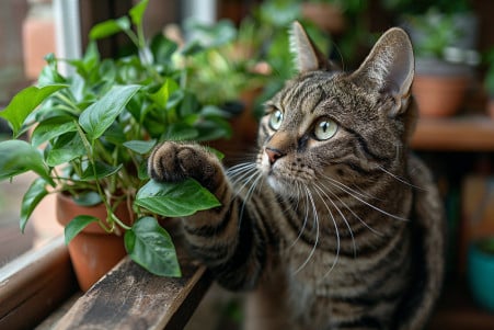 Tabby cat with a mischievous look reaching for a potted pothos plant on a shelf, next to a warning sign
