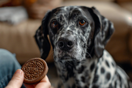 Dog owner holding an Oreo cookie away from a Dalmatian, depicting the importance of preventing unhealthy dog snacking