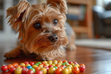 Yorkshire Terrier looking at a small pile of Skittles on the floor indoors with a cautionary message