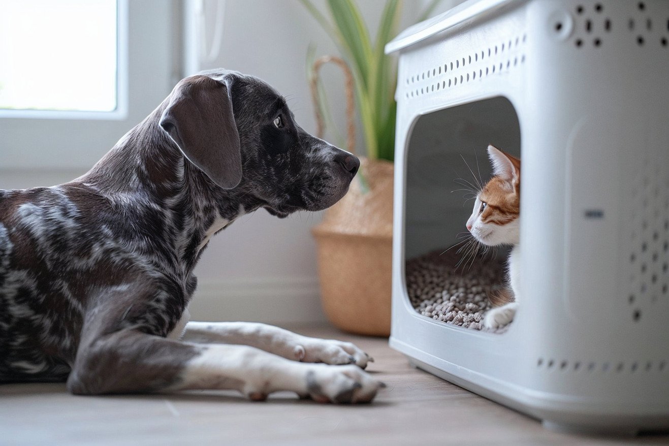 Great Dane looking curiously at a high-tech cat litter box while a cat watches from a distance