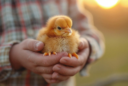 Owner holding a lethargic baby chick with ruffled feathers on a farm