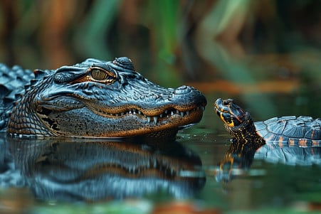 Alligator with powerful jaw looking at a partly concealed turtle in a swamp, depicting predator-prey dynamics