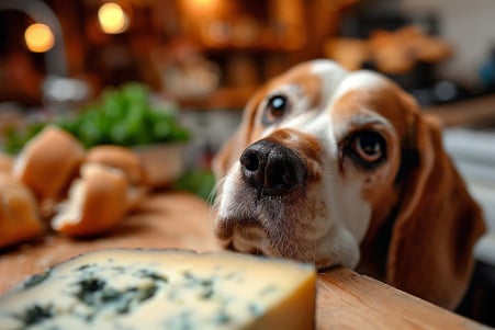 Worried-looking Beagle sitting away from blue cheese on a countertop, highlighting potential risks