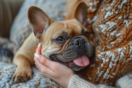 French Bulldog affectionately licking a person's hand on a cozy couch with soft lighting