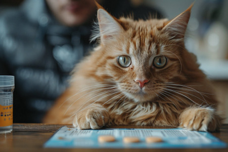 Fluffy orange cat observing a person using an at-home allergy testing kit at the dining table