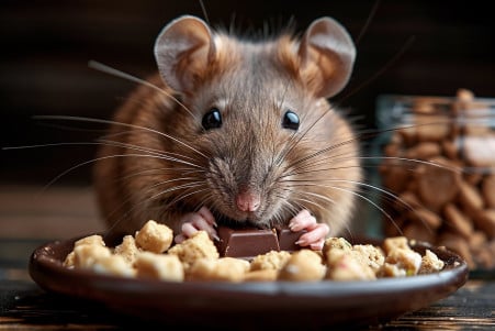 Alert brown rat looking away from chocolate in a cage with healthy rat food and water
