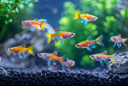 Colorful guppies with elegant tails swimming in a well-maintained aquarium with live plants