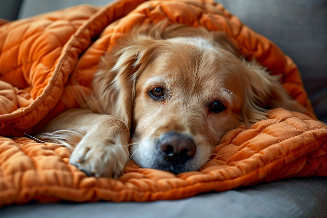 Golden Retriever lying on a blanket with a heating pad on her abdomen, looking relieved