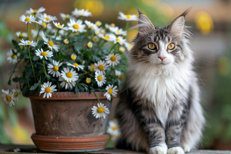 Norwegian Forest Cat sitting beside a pot of daisies on a sunny garden patio, looking curious but cautious