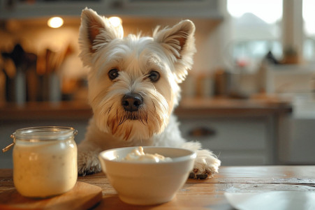 Perplexed white West Highland Terrier staring at a bowl of ranch dressing with a jar beside it in a bright kitchen
